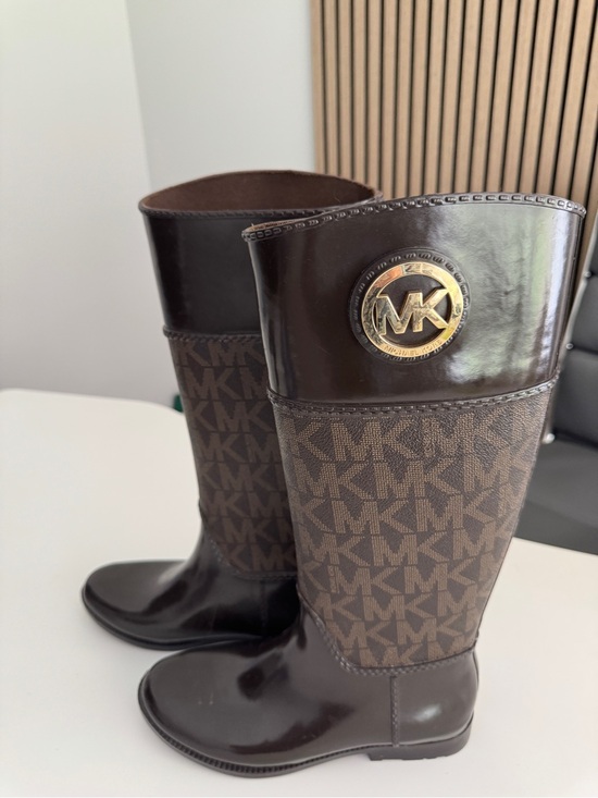 Michael Kors Shoes - Michael Kors Brown MK Monogram Knee Boots with Gold Logo